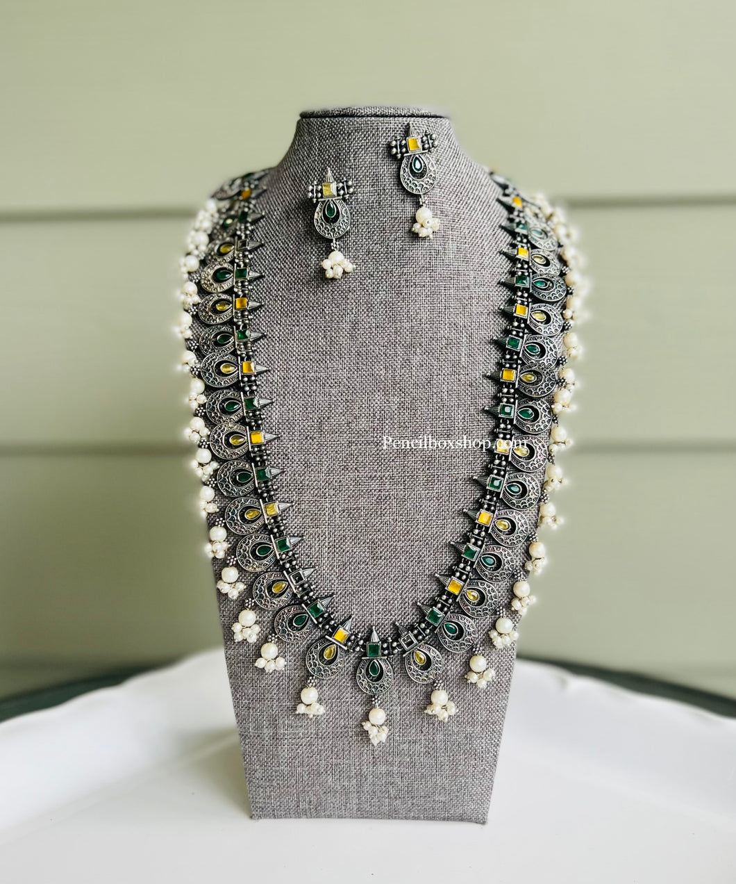 Sehaz German silver Long Glass Stone Necklace set