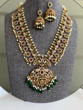 Load image into Gallery viewer, Multicolor kemp stone pearl cz peacock Necklace set  temple jewelry

