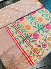 Load image into Gallery viewer, Chanderi Real Silk Handloom weaving Zari border Golden pink orange Green Saree
