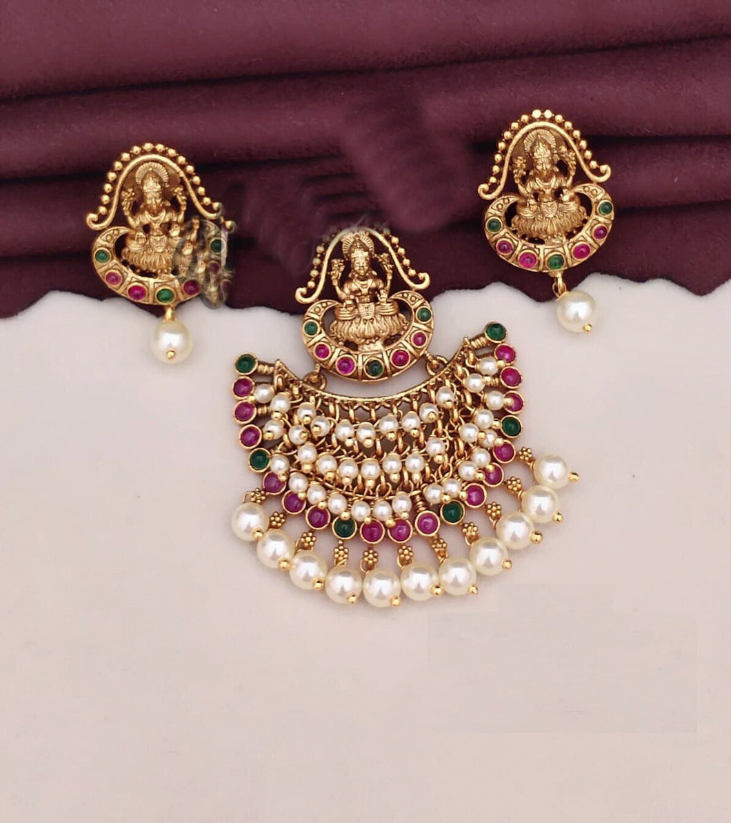 Multicolor Matte finish copper lakshmi ji temple pendant necklace set with pearls