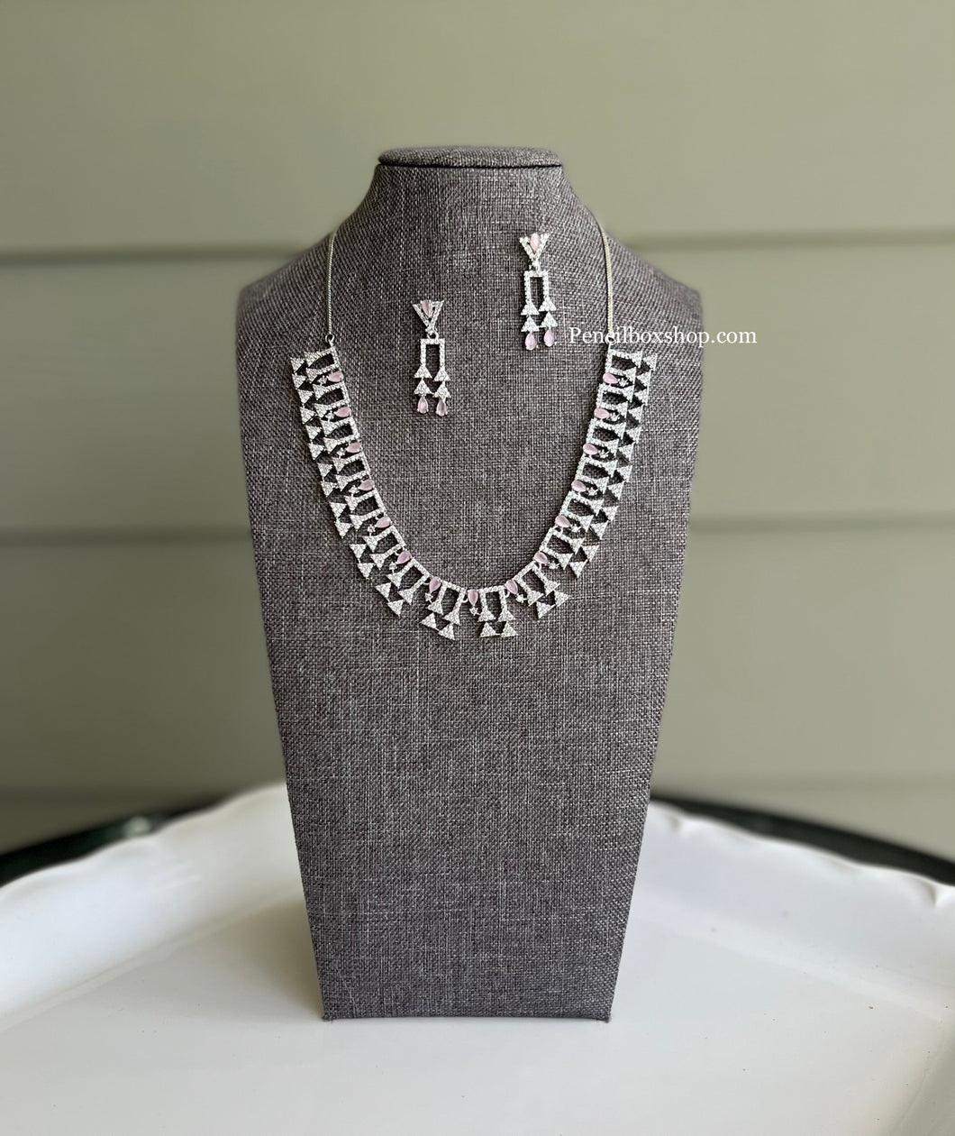 Baby pink Silver Dainty Simple American Diamond Necklace set