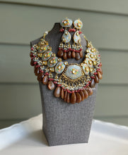 Load image into Gallery viewer, Enamel Paint Designer Brown kundan Hanging Natural Stone Necklace set
