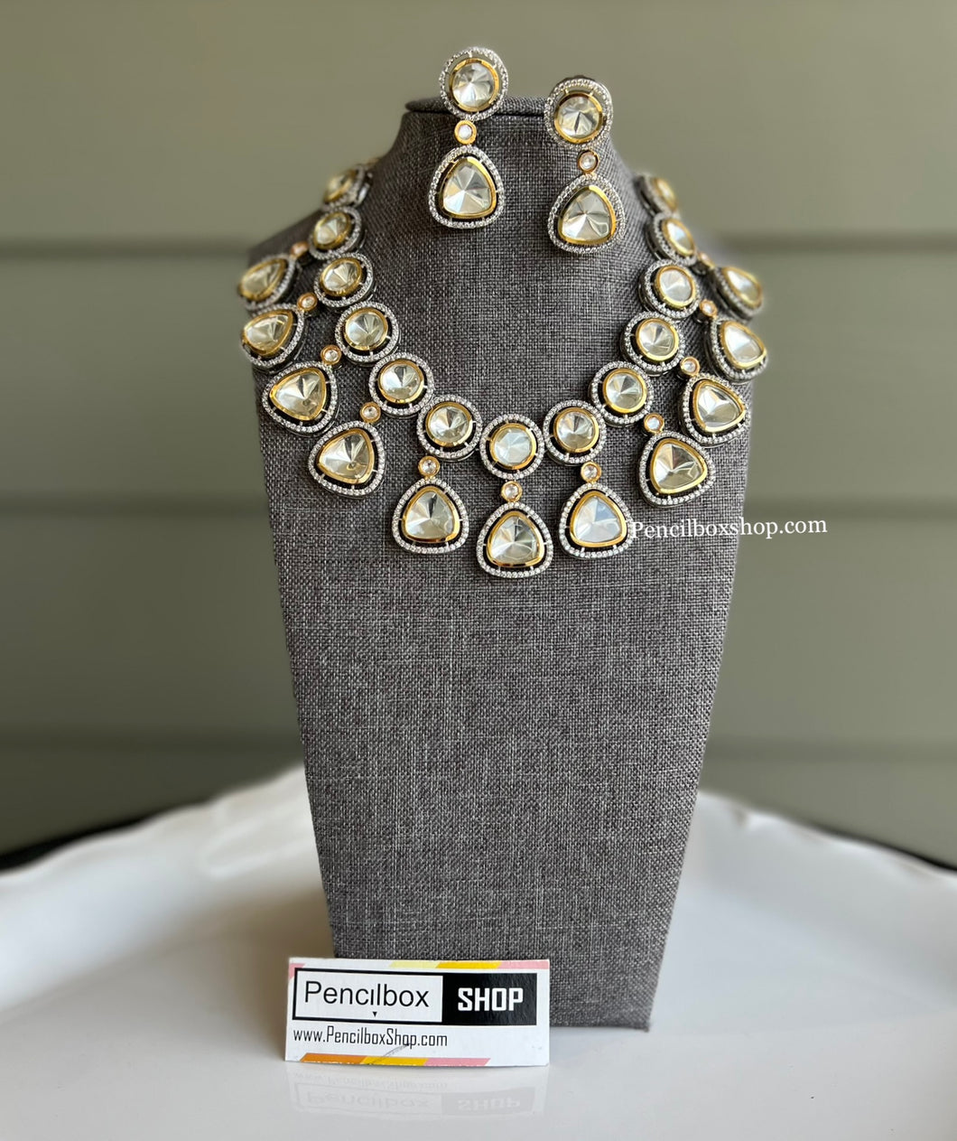 Hira Designer Statement Uncut Kundan Cz Silver Foiled Necklace set