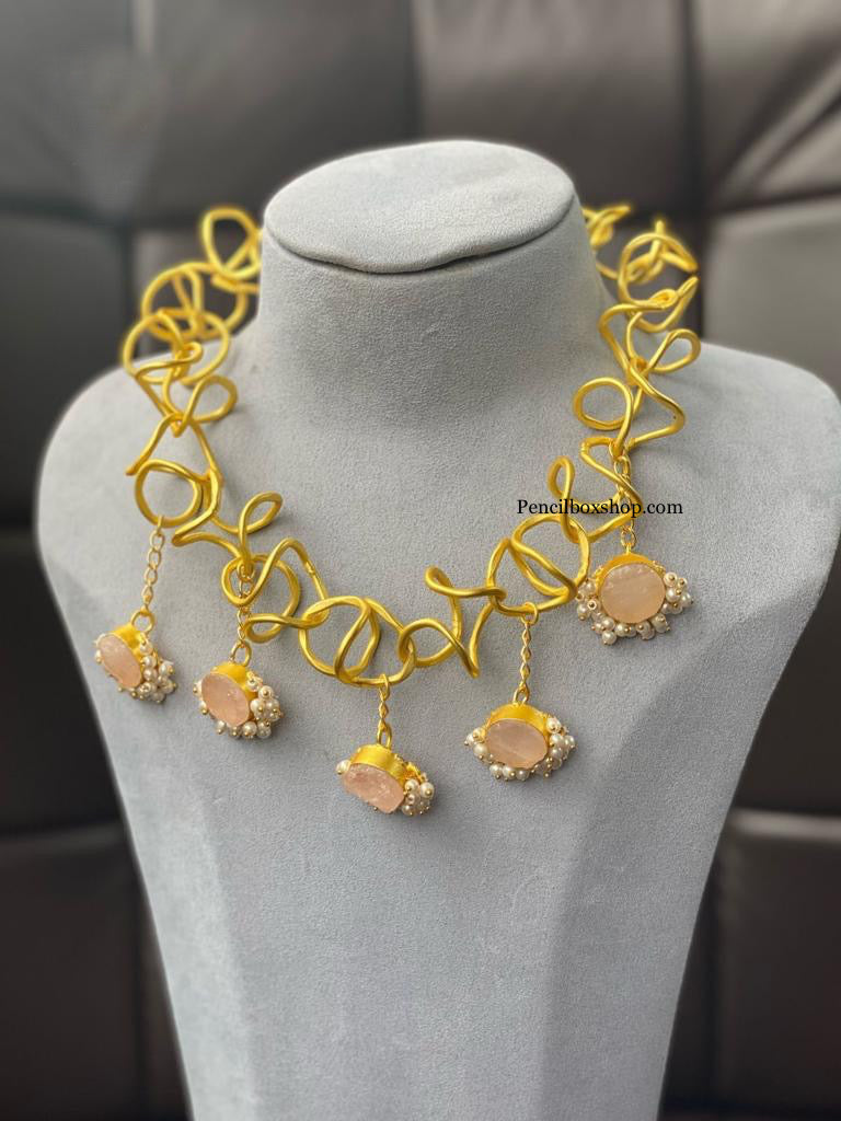 Contemporary spiral Designer Pink Natural Stone Necklace