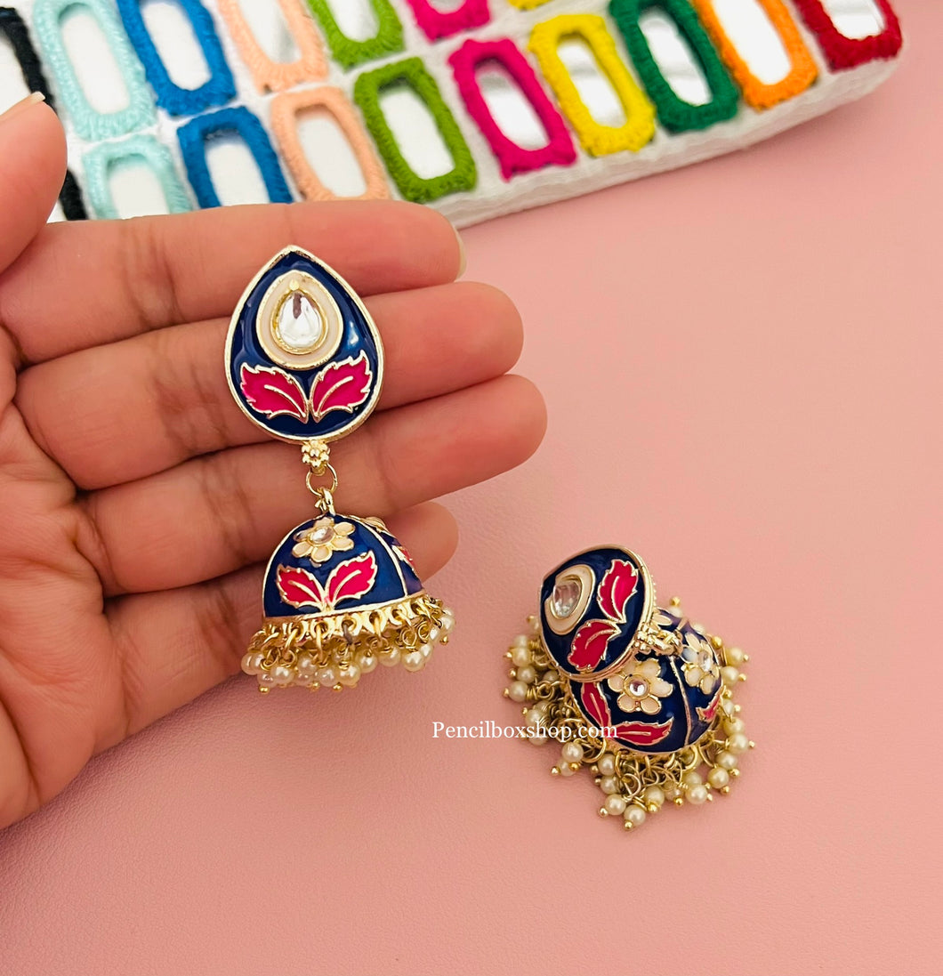 Blue Pink Handpainted Meenakari Kundan Jhumka Earrings