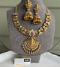 Load image into Gallery viewer, Lakshmi ji peacock multicolor Real Kemp Stone Golden beads Temple Necklace Jewelry
