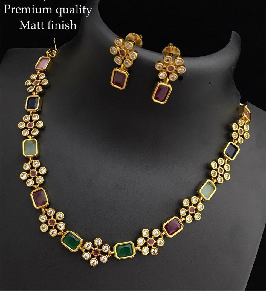 Matte finish copper single Line cz stone necklace set