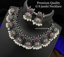 Load image into Gallery viewer, German silver Jhumka design Ruby green simple sleek necklace set
