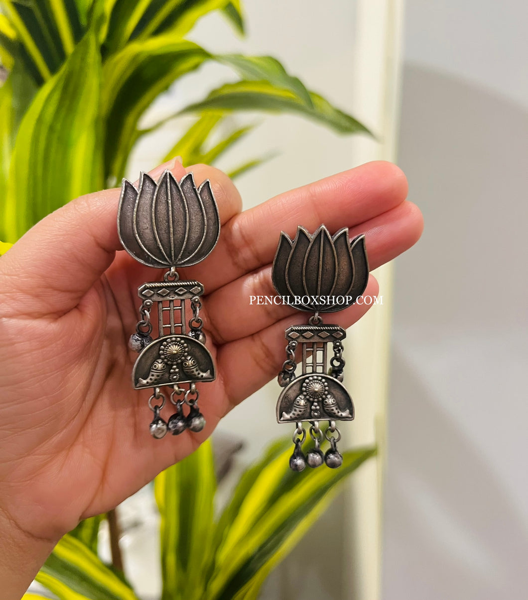 Lotus Tribal German Silver Ghunghroo medium Size Earrings