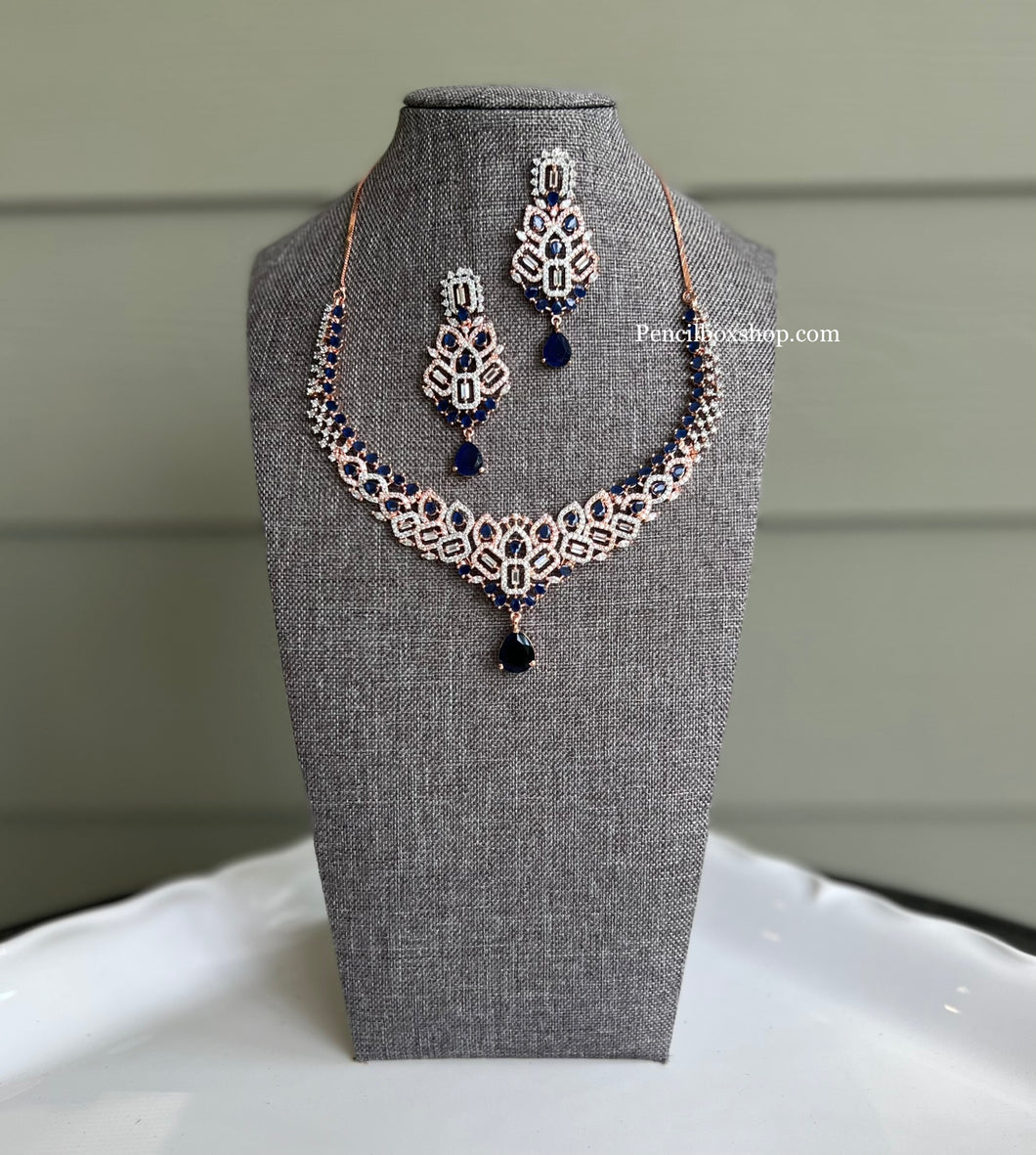 Rose Gold Blue American Diamond Dual Tone Designer  Necklace set