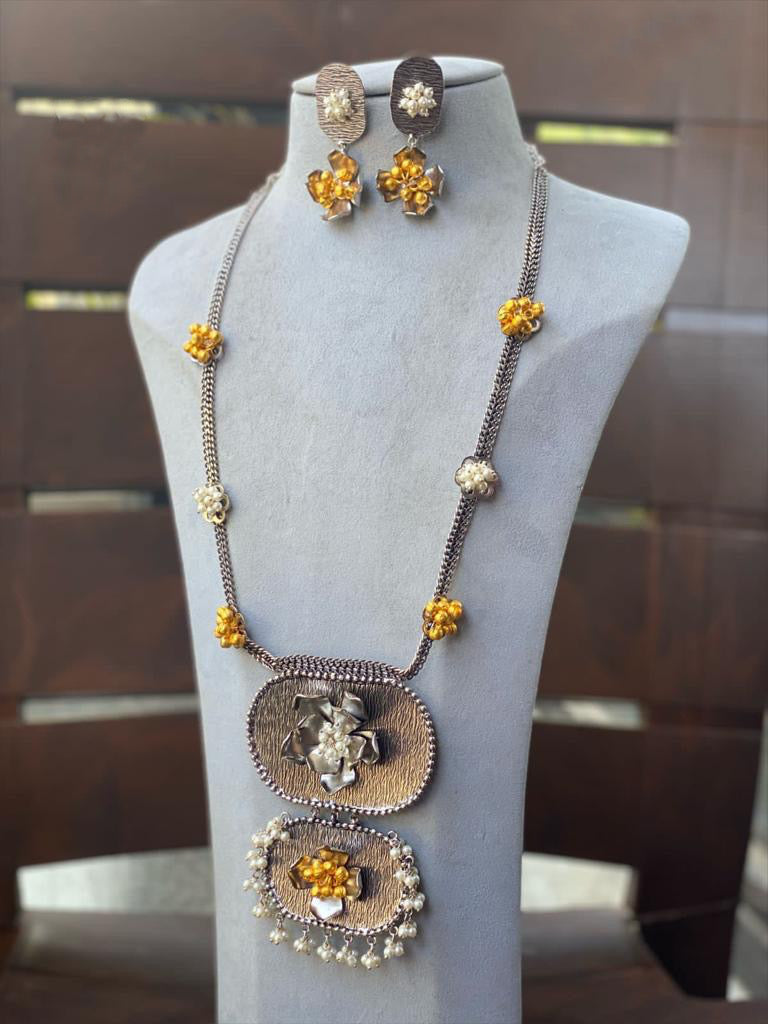 Alia Contemporary Silver Golden Beads Fusion Long Necklace set
