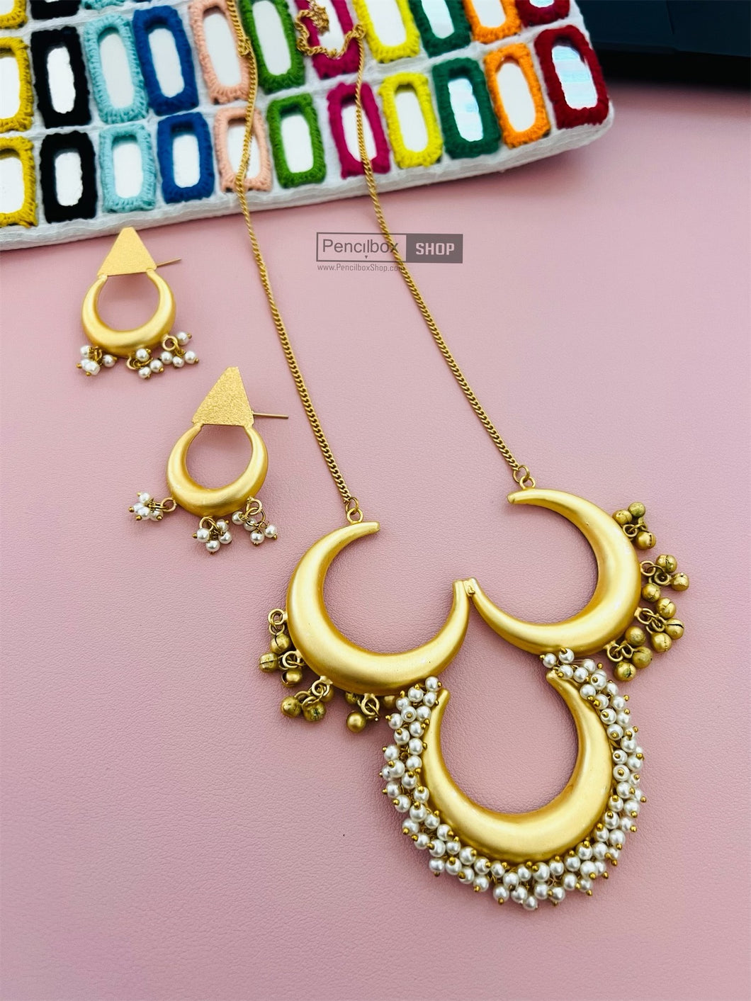 Brass Contemporary Long golden matte finish Necklace Set