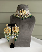 Load image into Gallery viewer, Kundan Green pearl drops choker Necklace set
