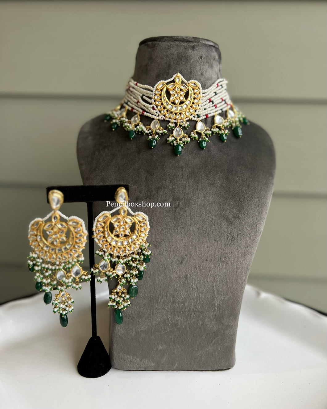 Kundan Green pearl drops choker Necklace set