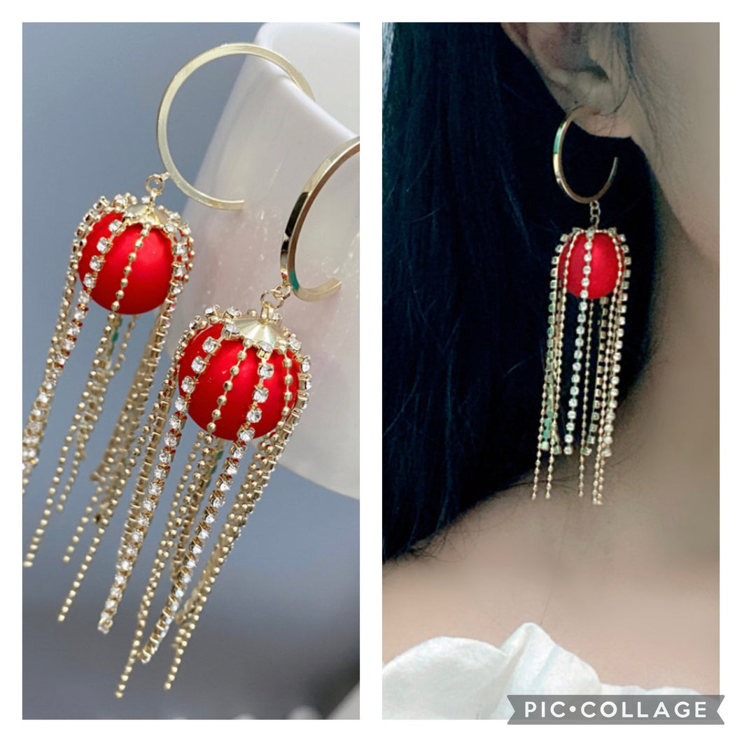 Statement Ball golden fabric with hanging crystal Earrings IDW