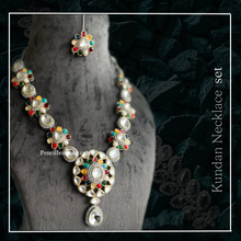 Load image into Gallery viewer, Uncut Kundan Navratna Premium Multicolor Designer Statement Necklace set with Maangtikka
