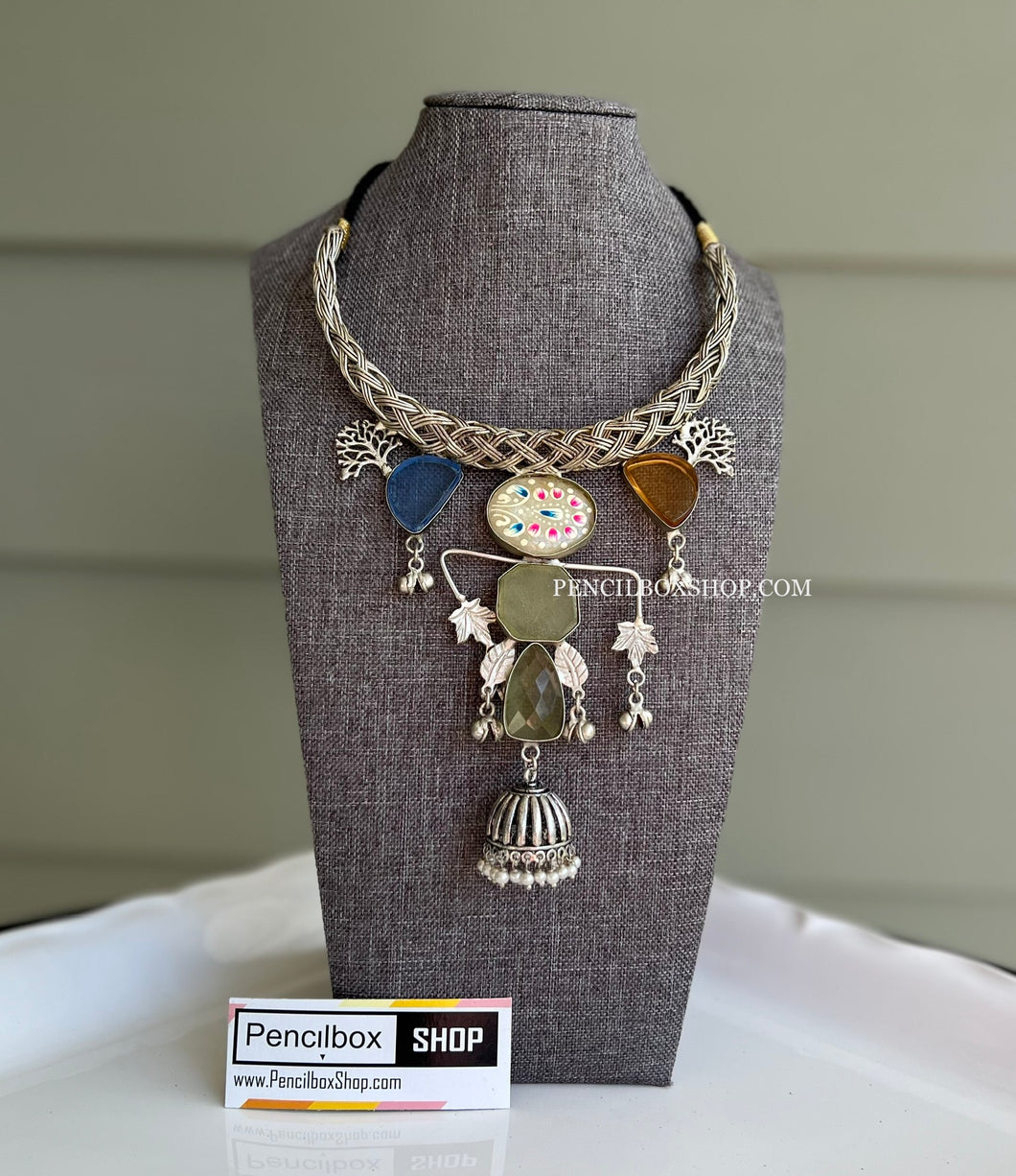 Contemporary Silver multicolor Natural Stone Hasli Jhumka Necklace