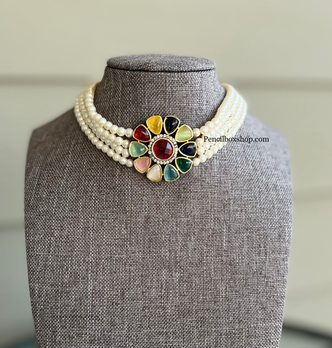 Multicolor American Diamond Kundan Pearl Choker Necklace