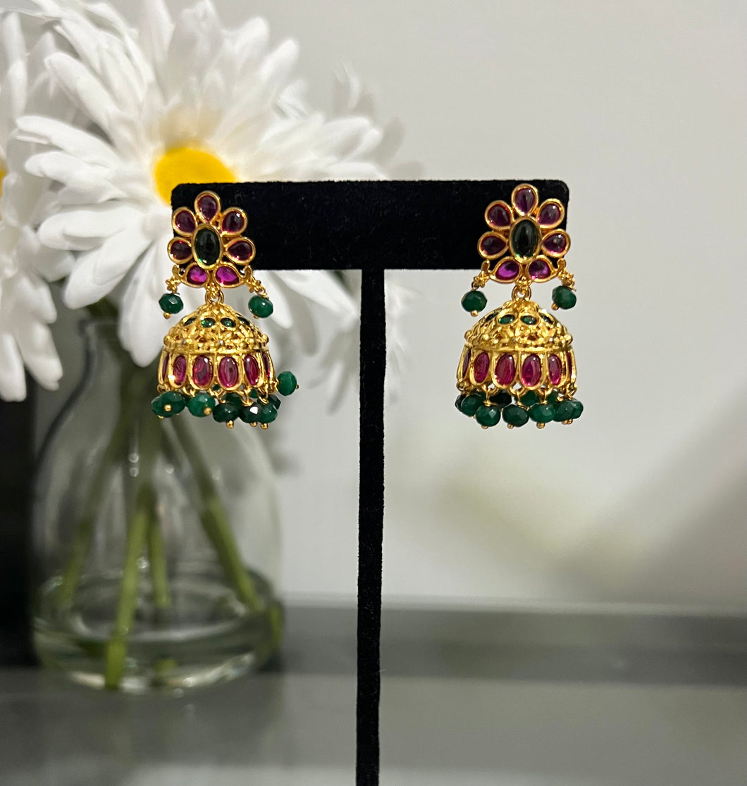Multicolor Real Kemp Stone Flower Jhumki earrings