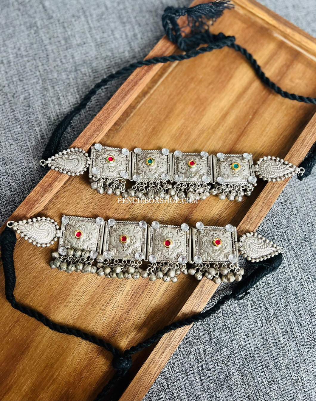92.5 Silver coated German silver Stone Ghunghroo Choker necklace set