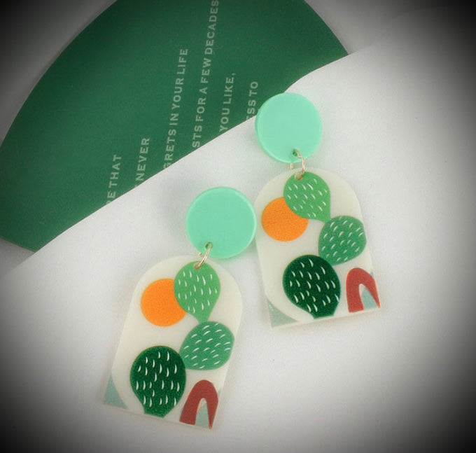 Acrylic White green Flower Grass Earrings IDW
