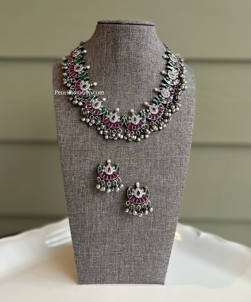 Fusion German silver with Kemp stone Ruby Green necklace set