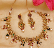 Load image into Gallery viewer, Matte finish golden multicolor necklace set pearls

