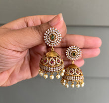 Load image into Gallery viewer, Multicolor Temple Gold Finish Stone cz Jhumka earrings
