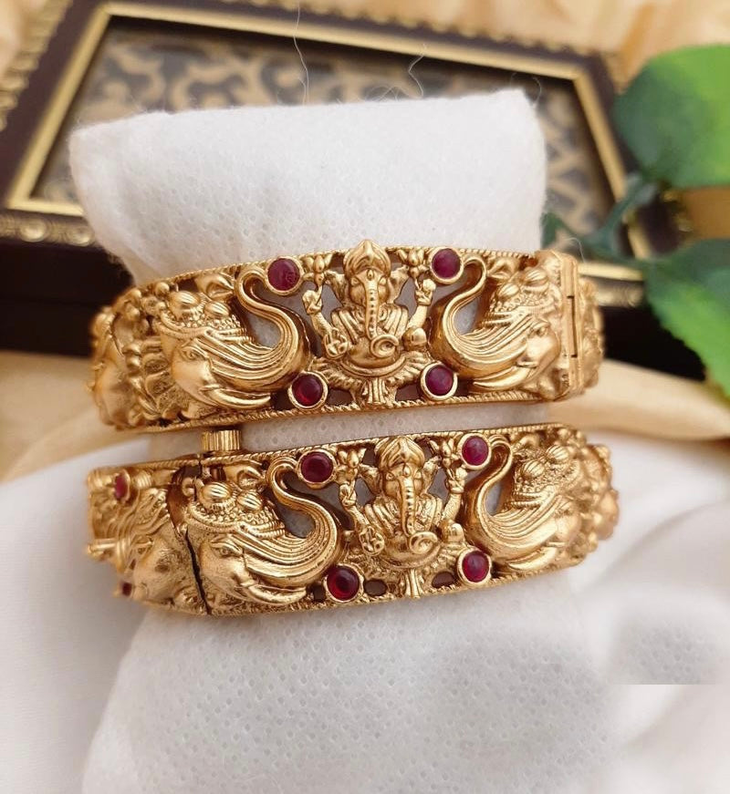 Elephant Ganesha ruby stone Openable temple Pair of bangle with ruby Flower openable bangle set for women