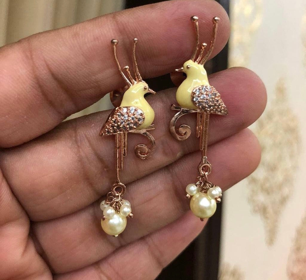 American Diamond Yellow Golden Bird Earrings with pearls