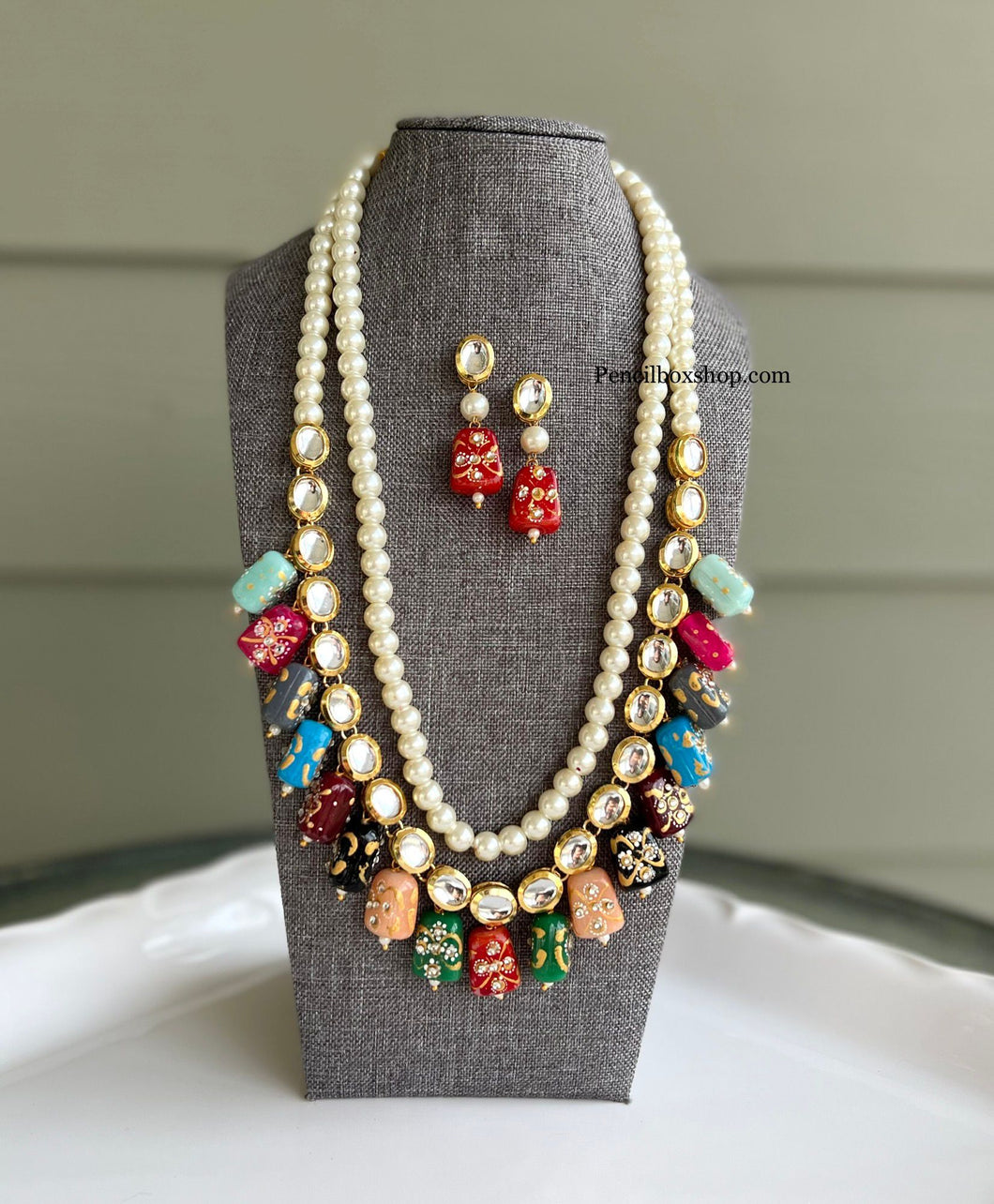 Multicolor Kundan Tanjore Beads Pearls Long necklace mala set
