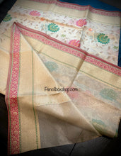 Load image into Gallery viewer, Chanderi Real Silk Handloom weaving Zari border Golden pink orange Green Saree
