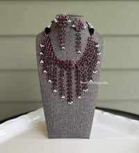 Load image into Gallery viewer, German Silver Tassel Ruby Statement Leaf Hanging Pearl Necklace set
