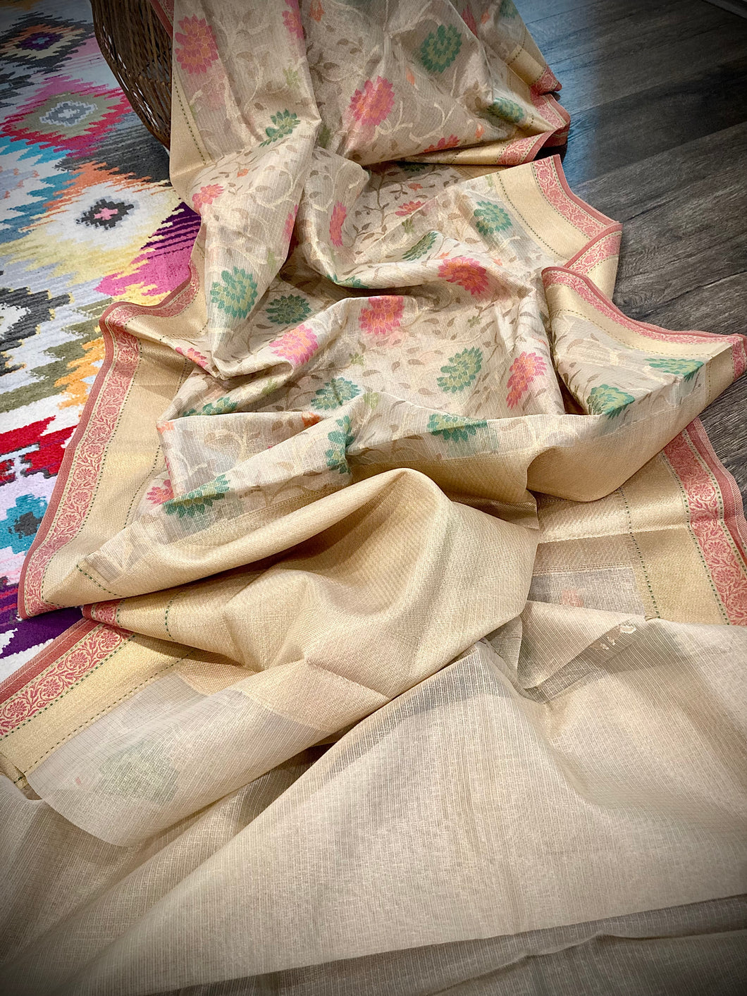 Chanderi Real Silk Handloom weaving Zari border Golden pink orange Green Saree