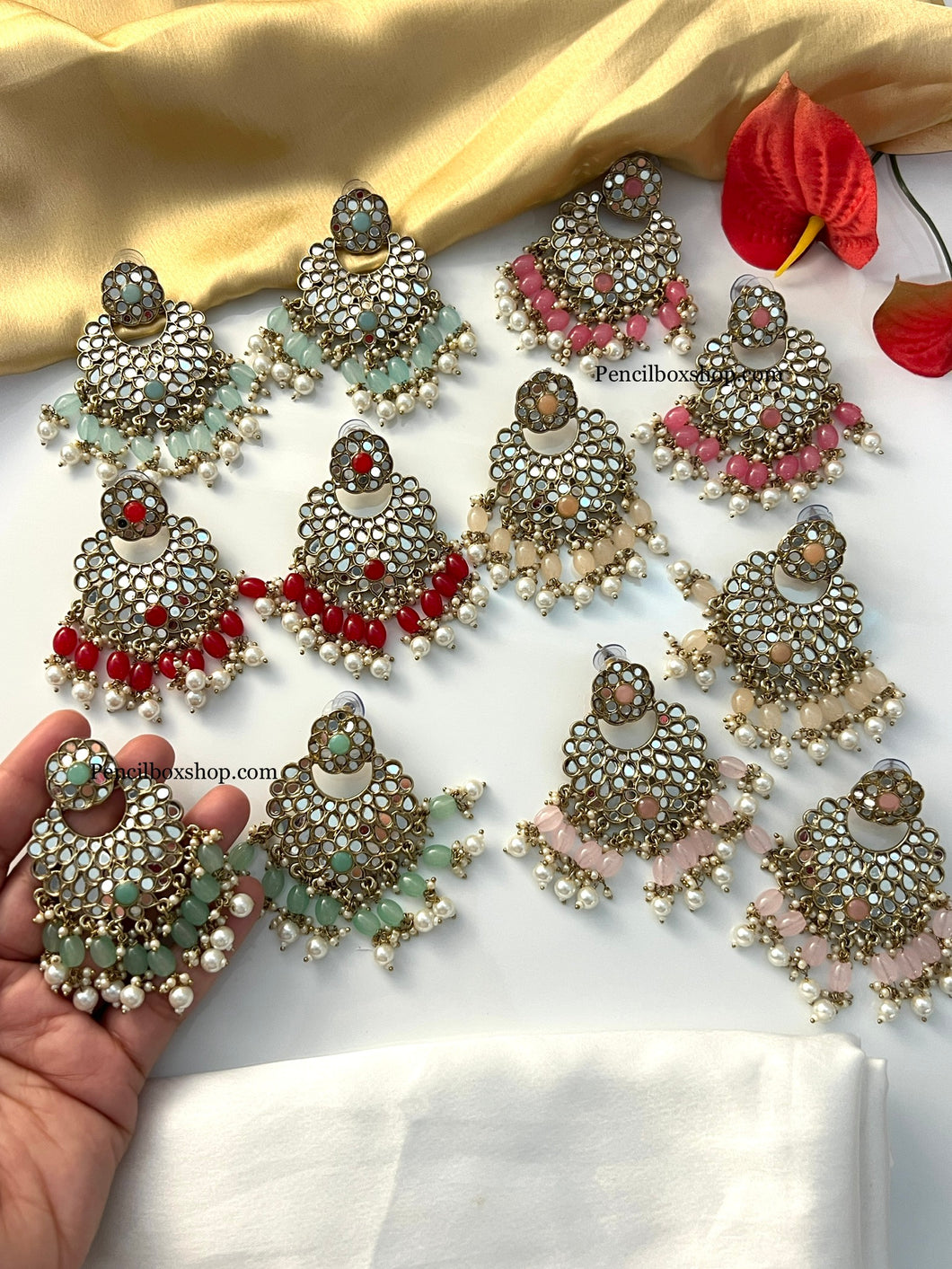 Mirror Beads Brass Round Chandbaali Jhumki earrings
