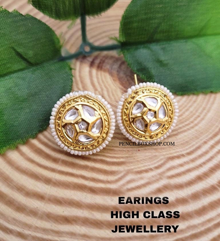 Small Pearl border Daily wear kundan stud Back Meenakari Earrings