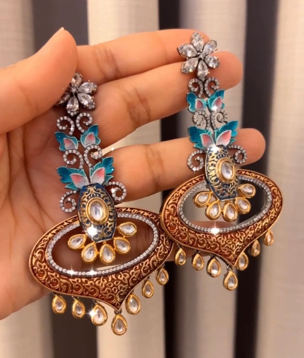 American Diamond Designer Shaded Meenakari Silver Foiled Long Dangling Earrings
