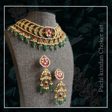 Load image into Gallery viewer, Pachi Kundan Ruby Green Multicolor Hanging beads Designer choker Necklace set
