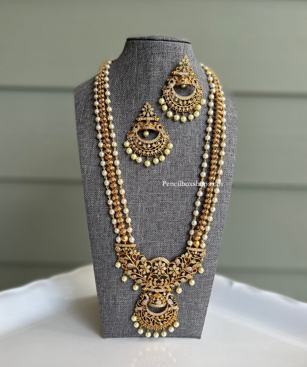 Multicolor cz  kemp stone pearl Necklace set temple Haram jewelry