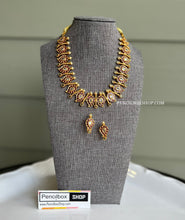 Load image into Gallery viewer, Multicolor Mango shape Matte finish kemp stone pearl  Necklace set  temple jewelry
