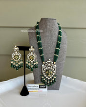 Load image into Gallery viewer, American Diamond Tyaani Green Golden kundan long necklace set
