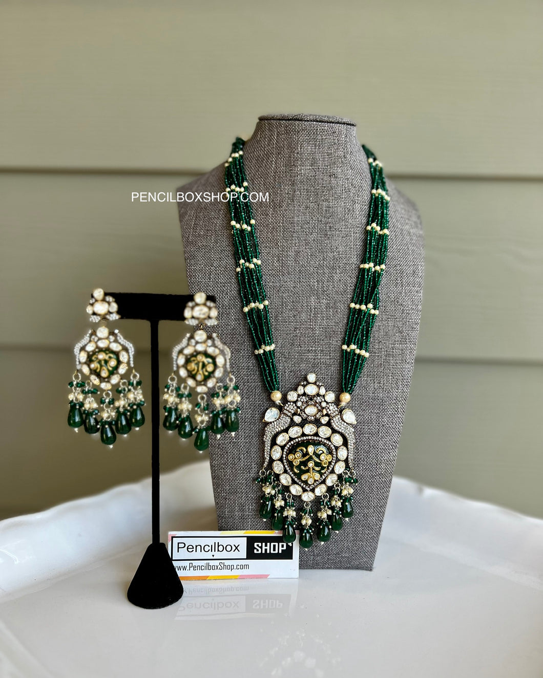 American Diamond Tyaani Green Golden kundan long necklace set