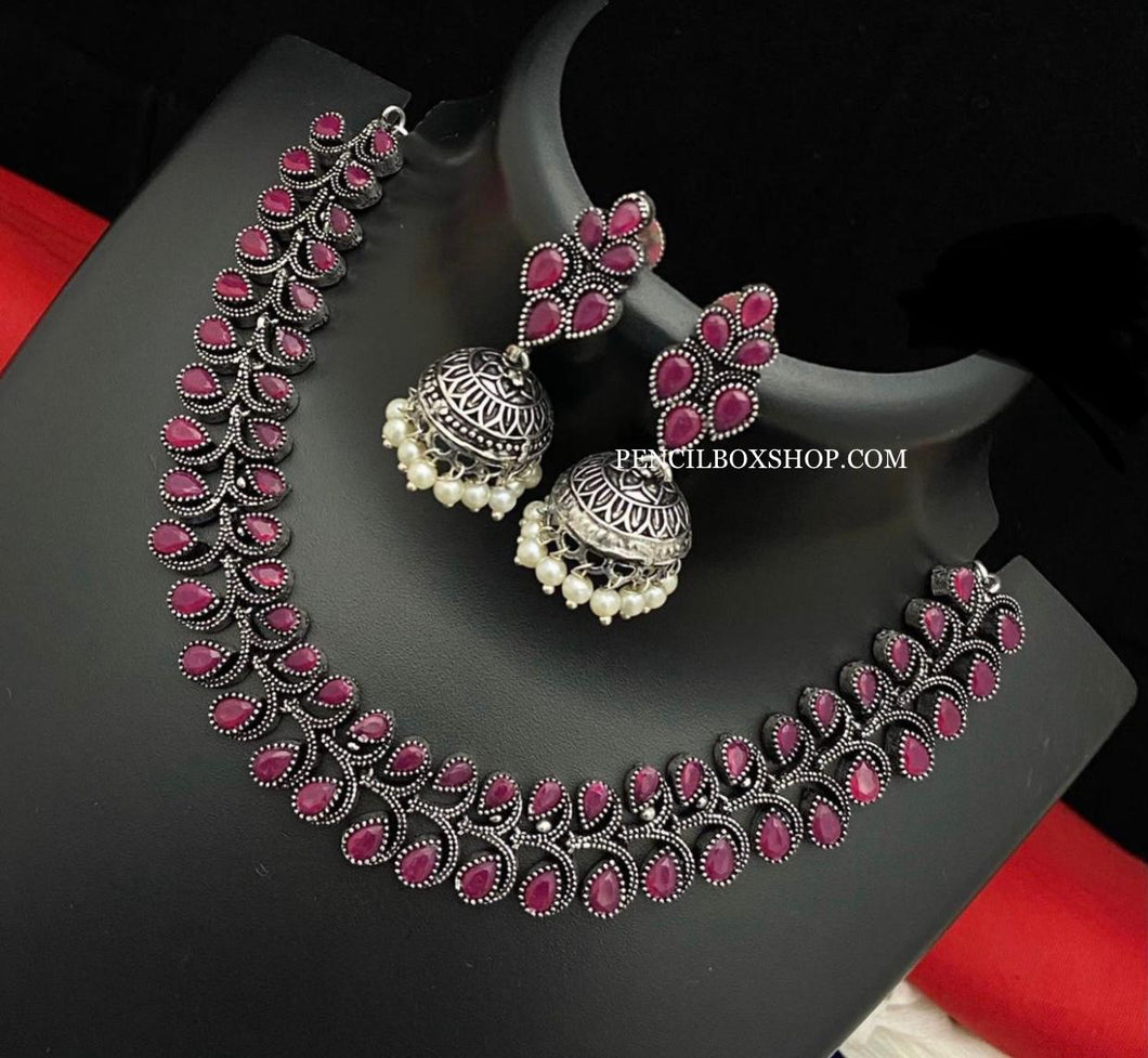 Ruby German silver simple sleek necklace set
