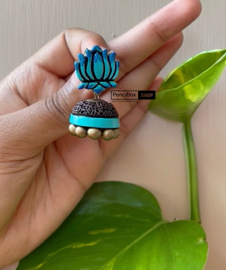 Handmade  Blue Lotus Jhumkas Terracotta Natural Clay Earrings