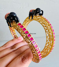 Load image into Gallery viewer, Size 2.6 Golden Matte Finish Pair of Bangle with elephant Bangles
