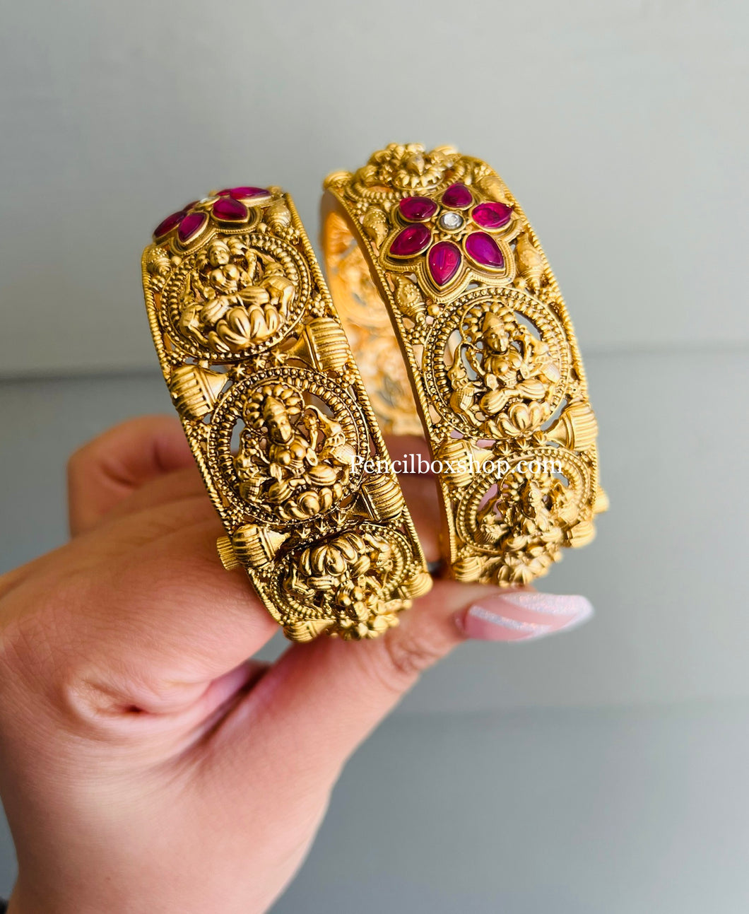 Lakshmi Ji temple Pair of bangle with ruby Flower openable bangle set for women