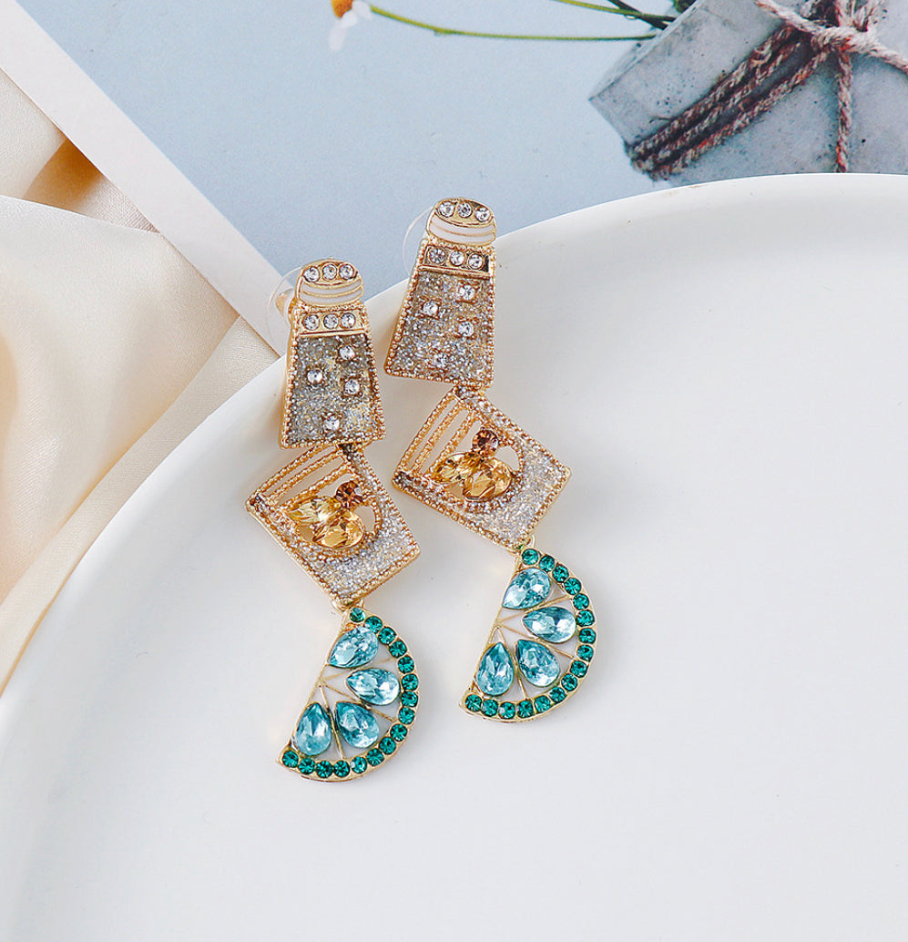 Funky Unique Golden Shiny Green Glass Earrings IDW