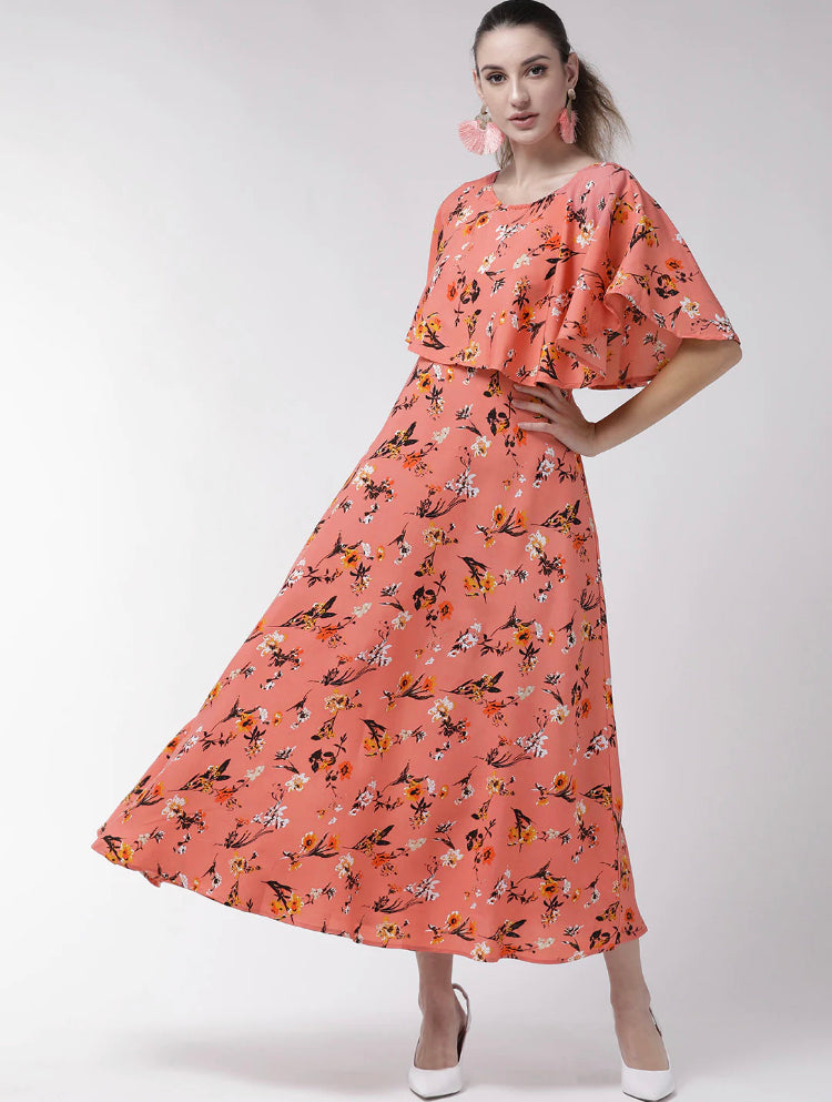 Peach Floral Maxi cape Dress 36 size