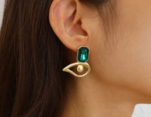 Load image into Gallery viewer, Emerald  Green Golden Brass Stud Earrings IDW
