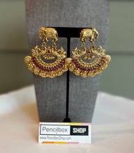 Load image into Gallery viewer, Amarpali Elephant Lakshmi ji Coin Kemp Stone Golden Beads jhumka earrings

